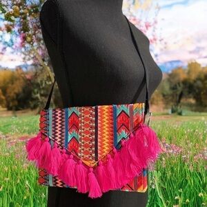 Ethnic Boho Crossbody Bag Handmade Embroidery Tassels Chic Vibrant Colorful NEW